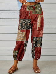 Abstract Print Cropped Pants Casual Drawstring Elastic Wais Pants