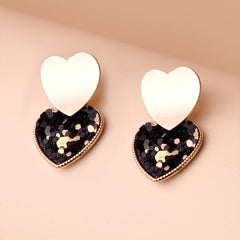 Double Heart Sequins Dangle Earrings 14K Plated Jewelry