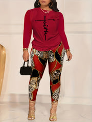  Women's Letter Print Top & Leopard Print Pants Set
