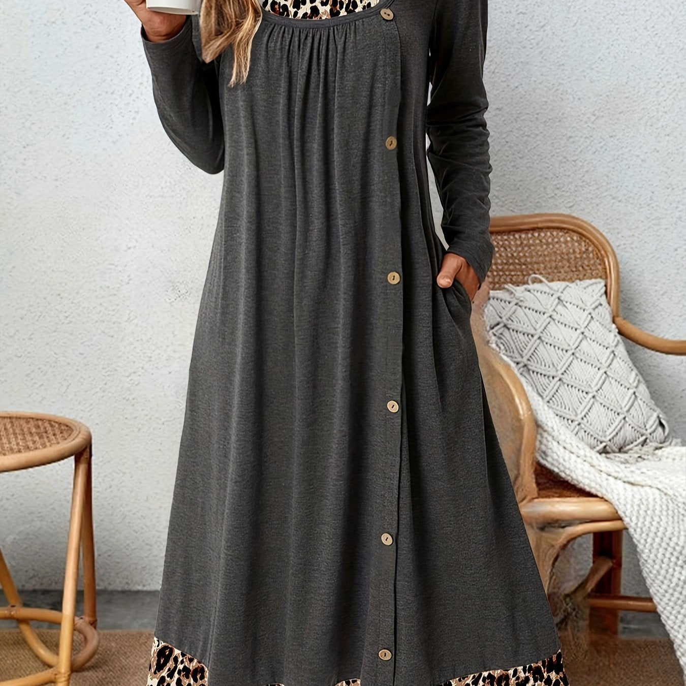  Colorblock Leopard Print Square Neck Midi Dress
