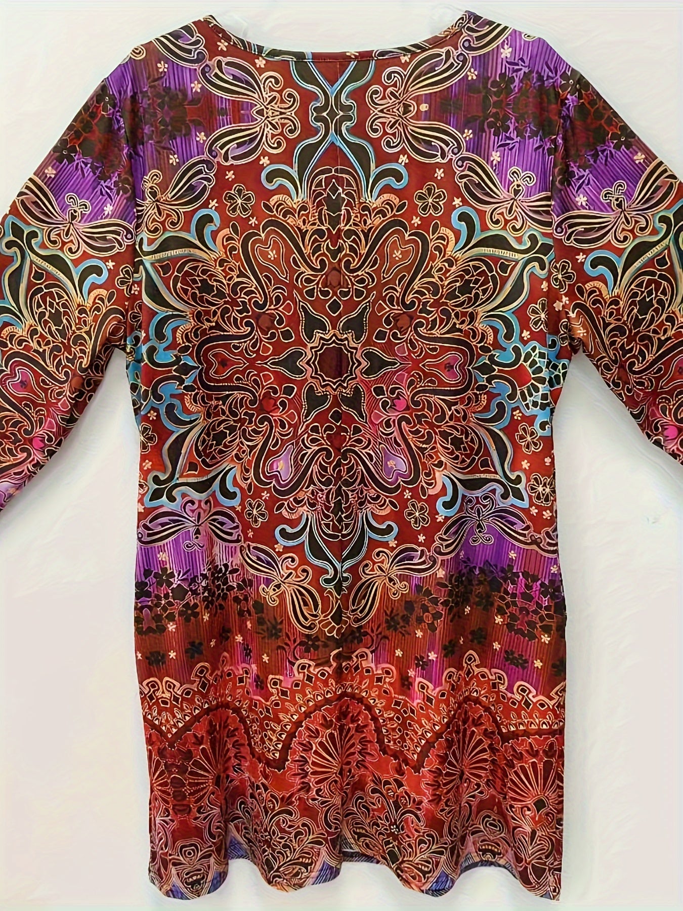 Boho Dress Women's Plus Floral Print Long Sleeve Dress With Pockets
