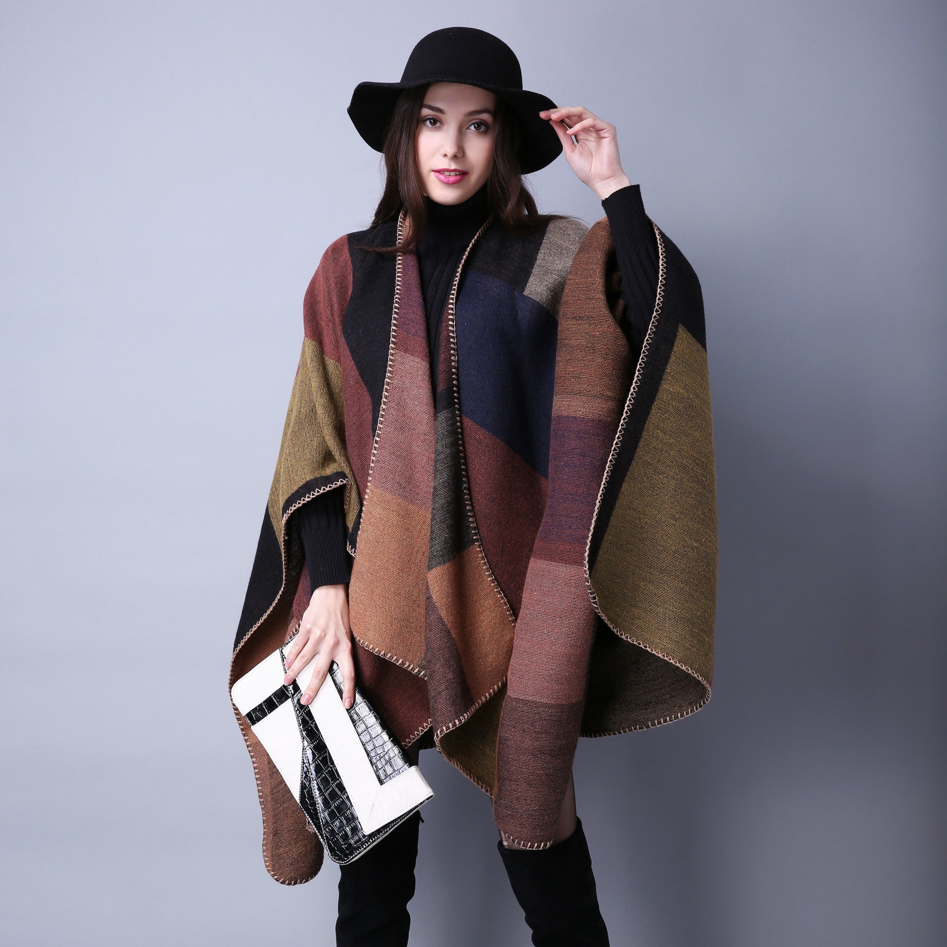Vintage Block Shawl Cashmere Warm Wrap Large Blanket Scarf Poncho Capes Cloak
