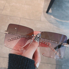 Oversized Metal Chain Rimless Sunglasses UV400