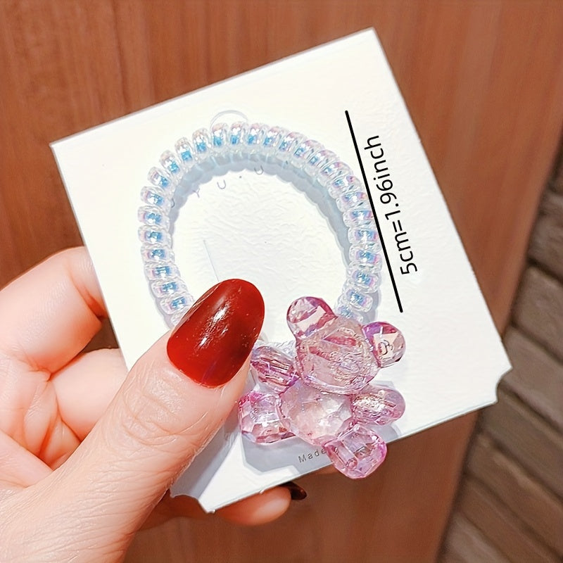 Crystal Bear Decor Spiral Hair Tie Holographic Hair Rope Elastic Ponytail Holder