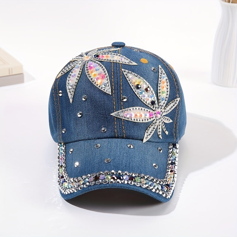 Rhinestone Leaf Patch Baseball Cap Denim Washed Sun Hats