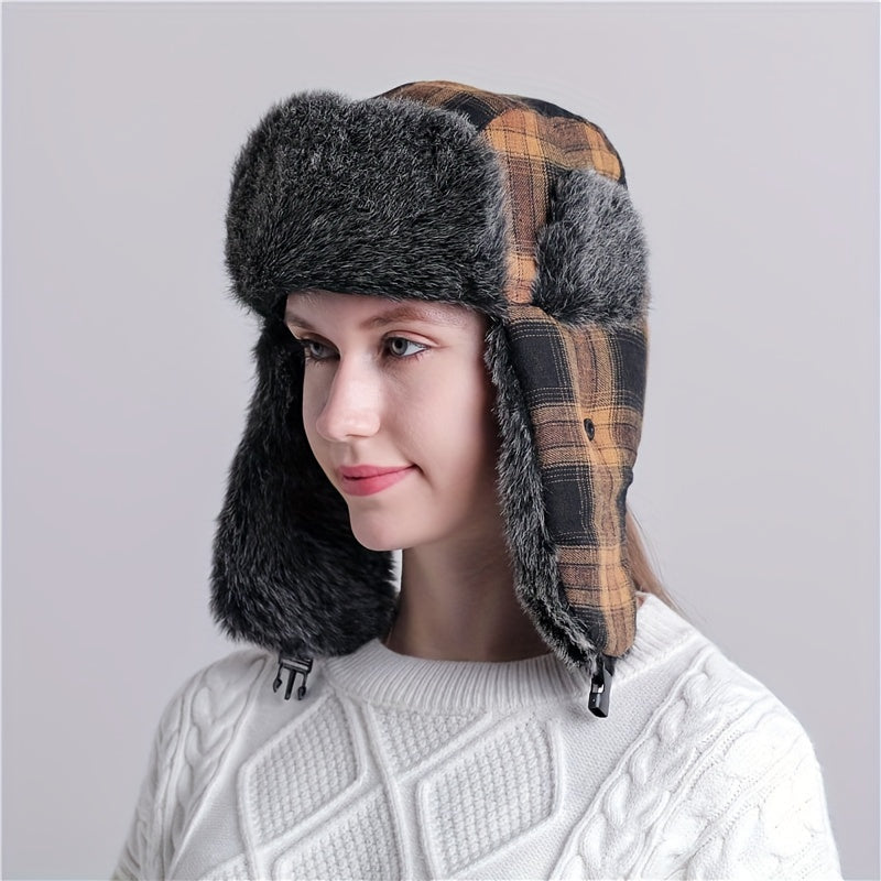 Warm Plaid Ear Protection Hat for Men and Women