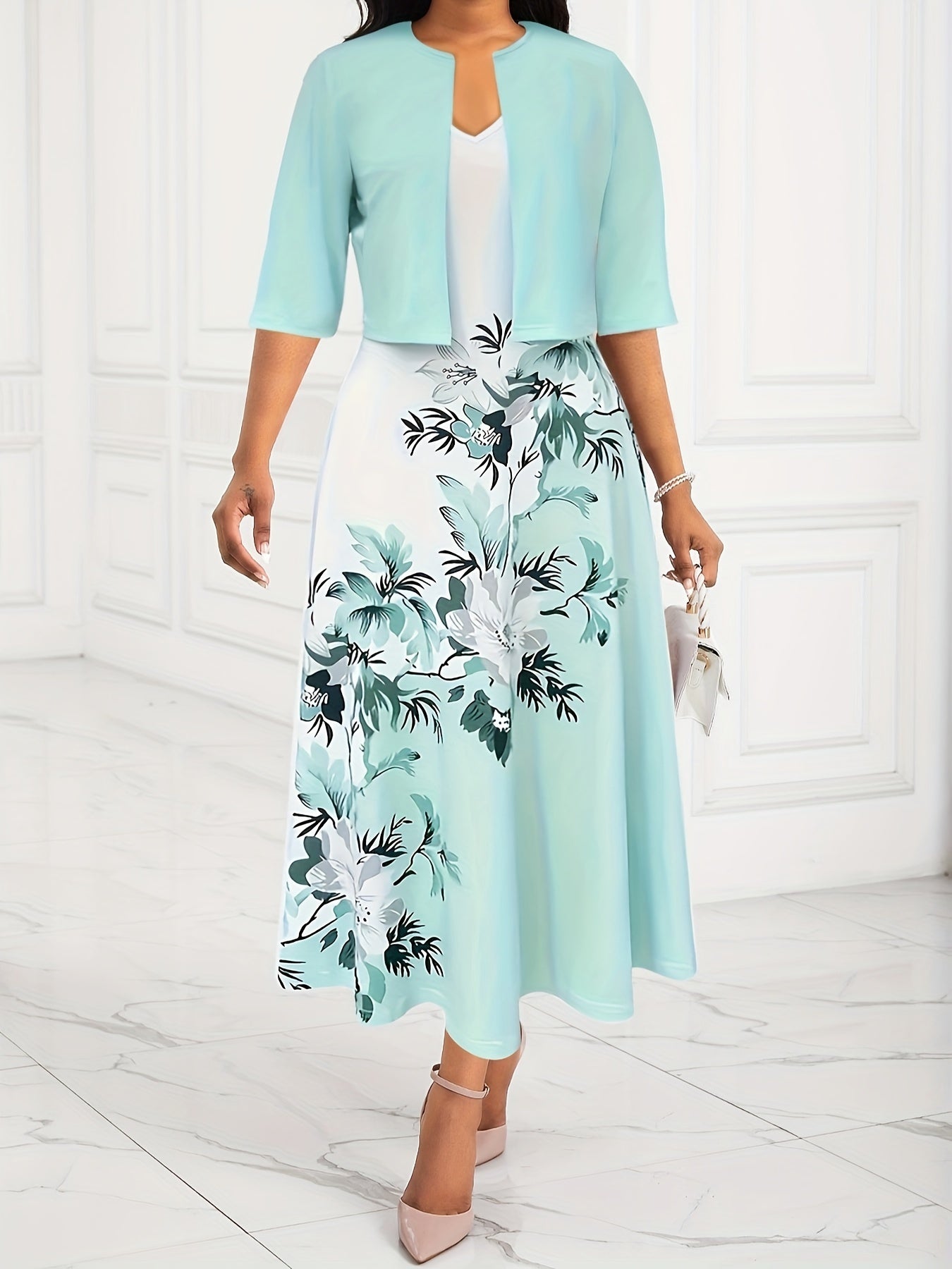  Colorblock Floral Print V Neck Tank Dress & Half Sleeve Coat Set