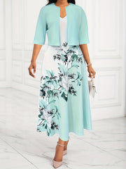  Colorblock Floral Print V Neck Tank Dress & Half Sleeve Coat Set