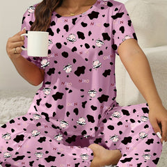  Cow & Letter Print Pajama Set Short Sleeve Tee & Pants Two Piece