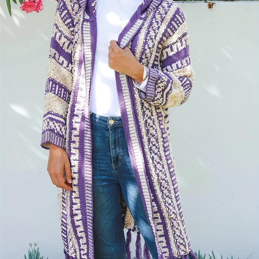  Geometric Print Tassel Trim Hooded Cardigan