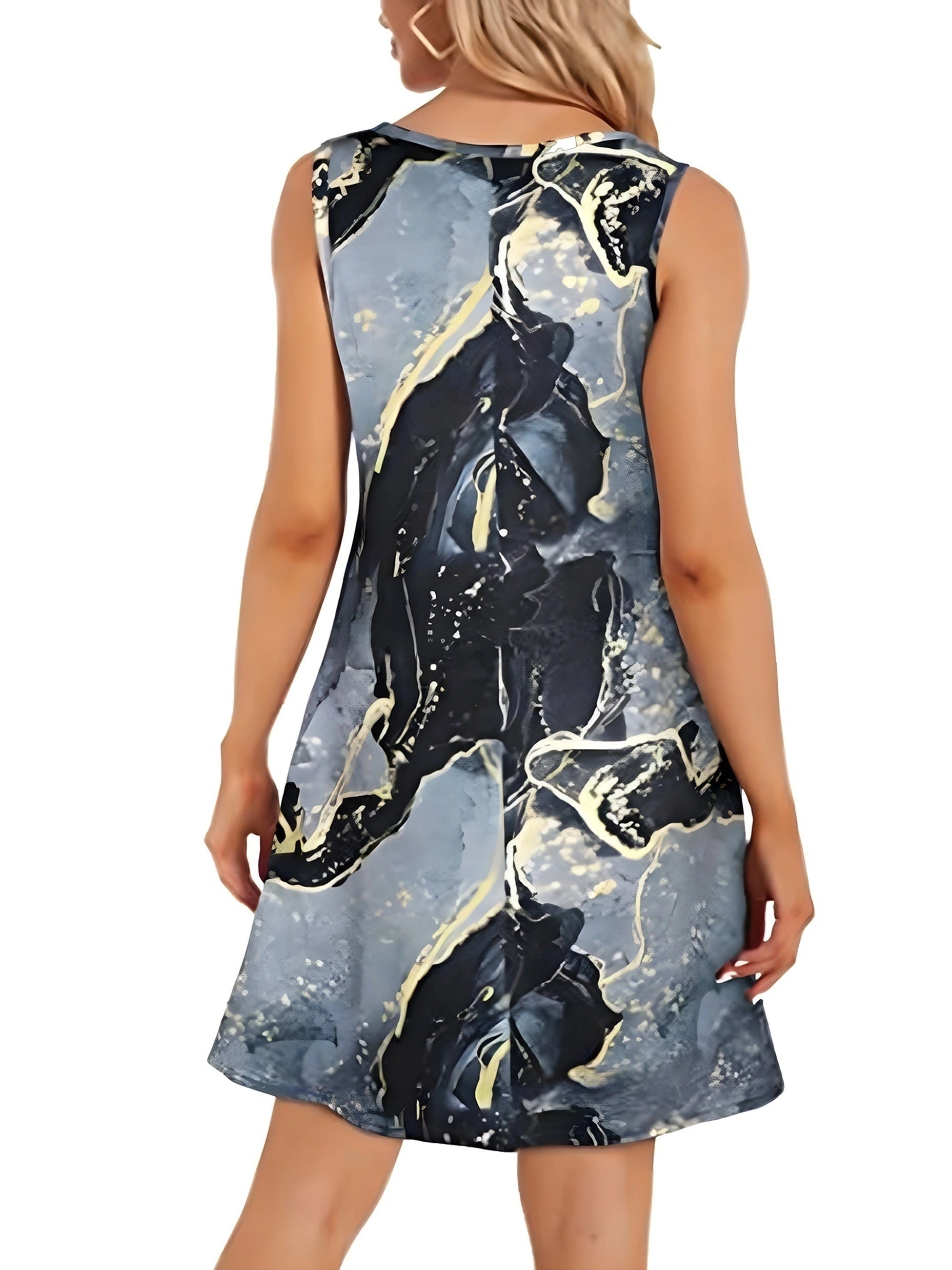  Casual Tank Dress Marble Print Round Neck Midi Dress