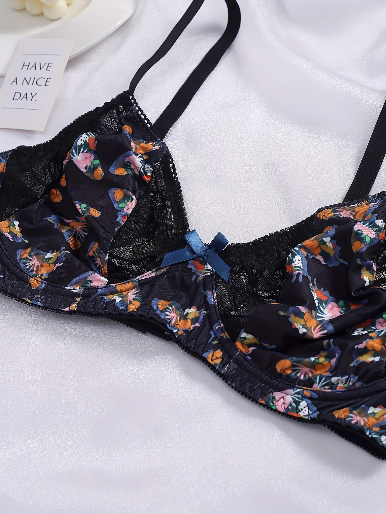  Butterfly Print Lace Bow Knot Hook & Eye Bra