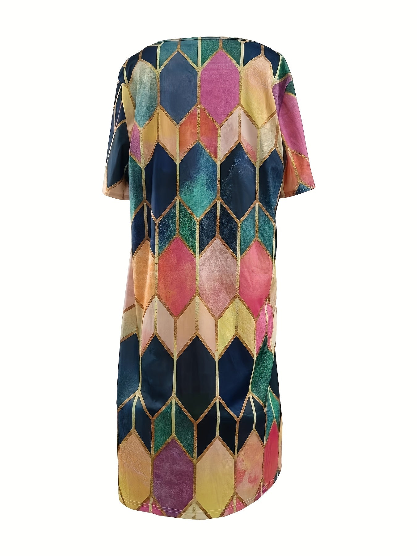  Geometric Print Short Sleeve Notched Neck Dress