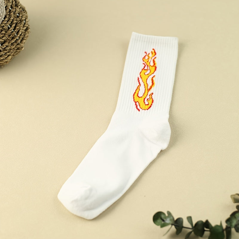 3 Pairs Flame Print Socks Comfy & Breathable Women's Mid Tube Stockings