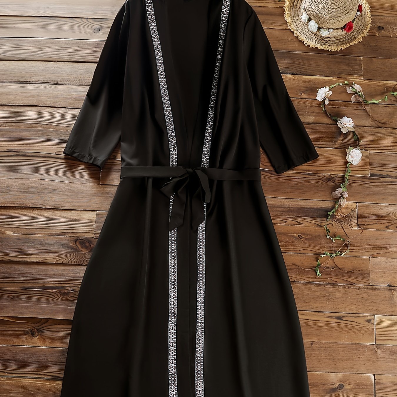  Boho Dress Women's Plus Geometric Trim V Neck Robe Dress