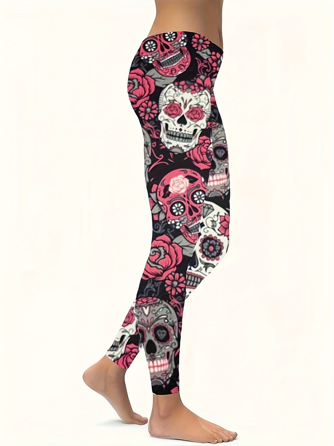  Halloween Sports Leggings Women's Plus Floral Skull Print High Waist