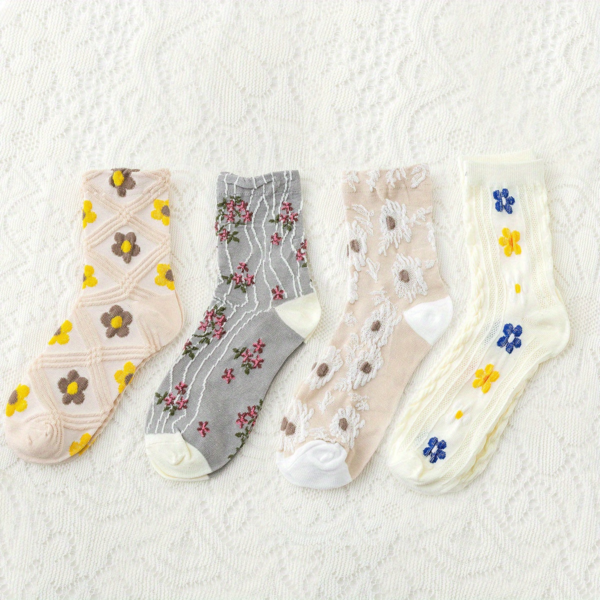 4 Pairs Floral Print Socks Mid Tube Stockings & Hosiery