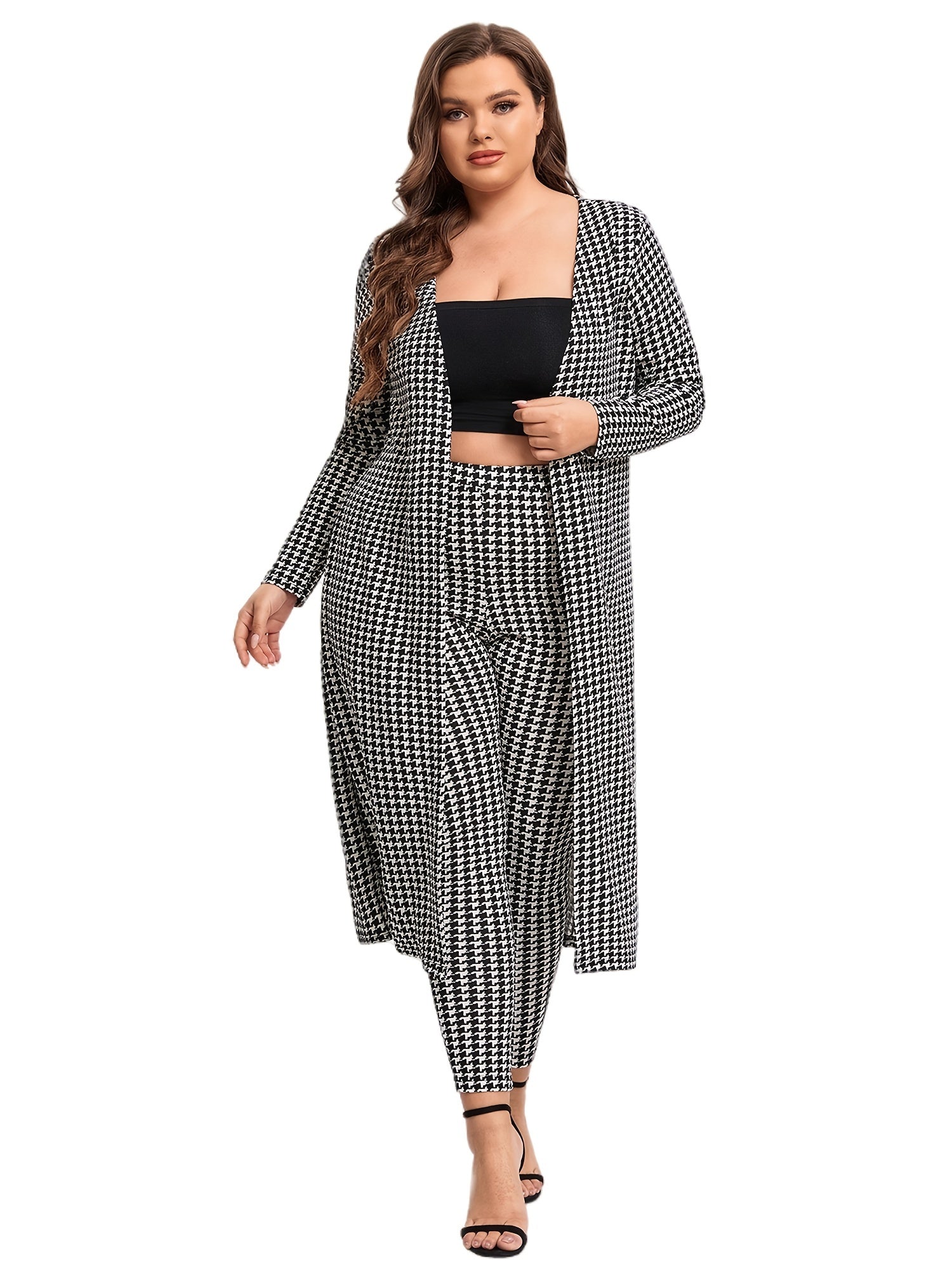  Houndstooth Print Cardigan & Skinny Pants Set