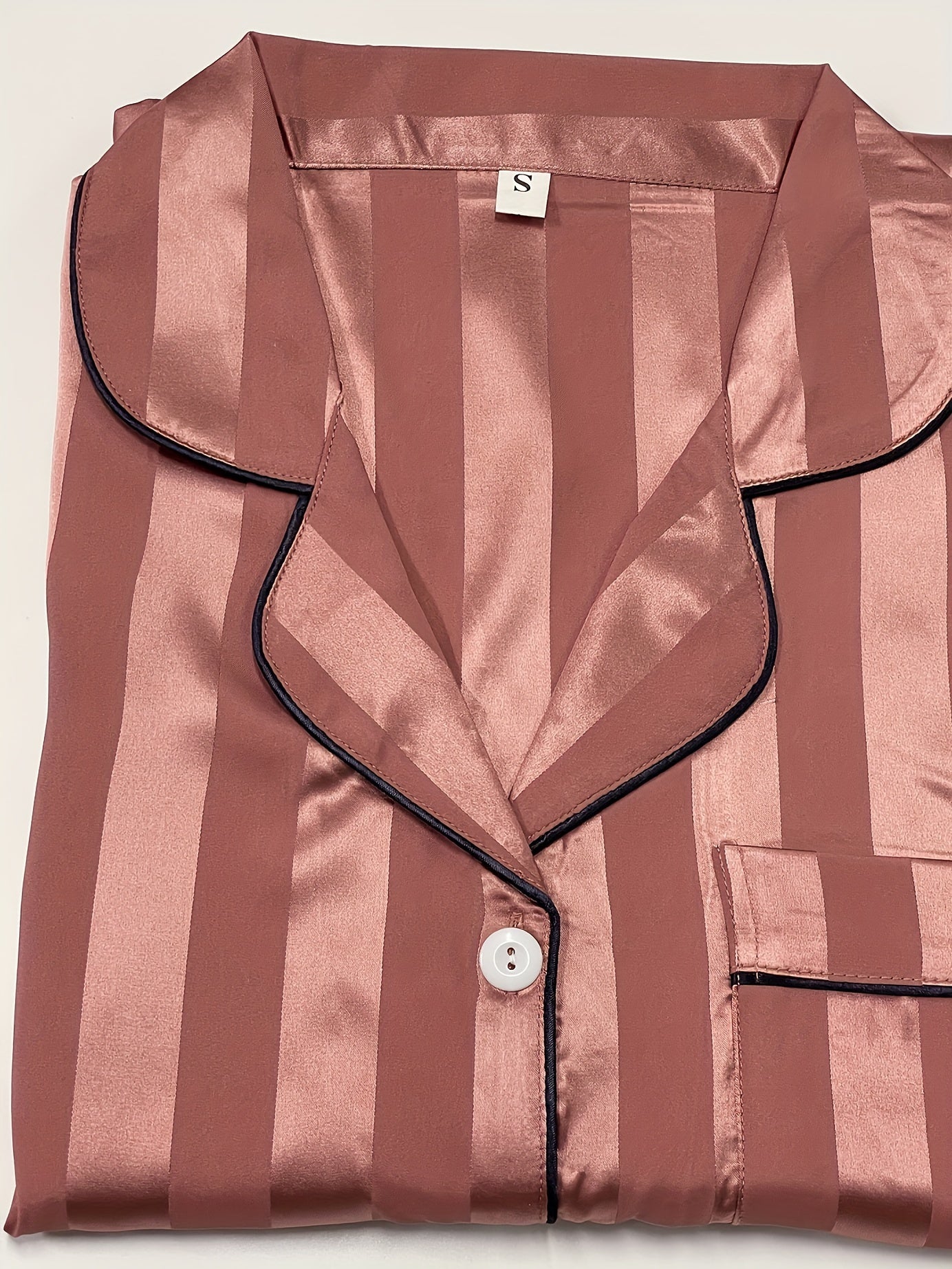 Striped Satin Pajama Set Long Sleeve Buttons Top & Elastic Waistband Pants