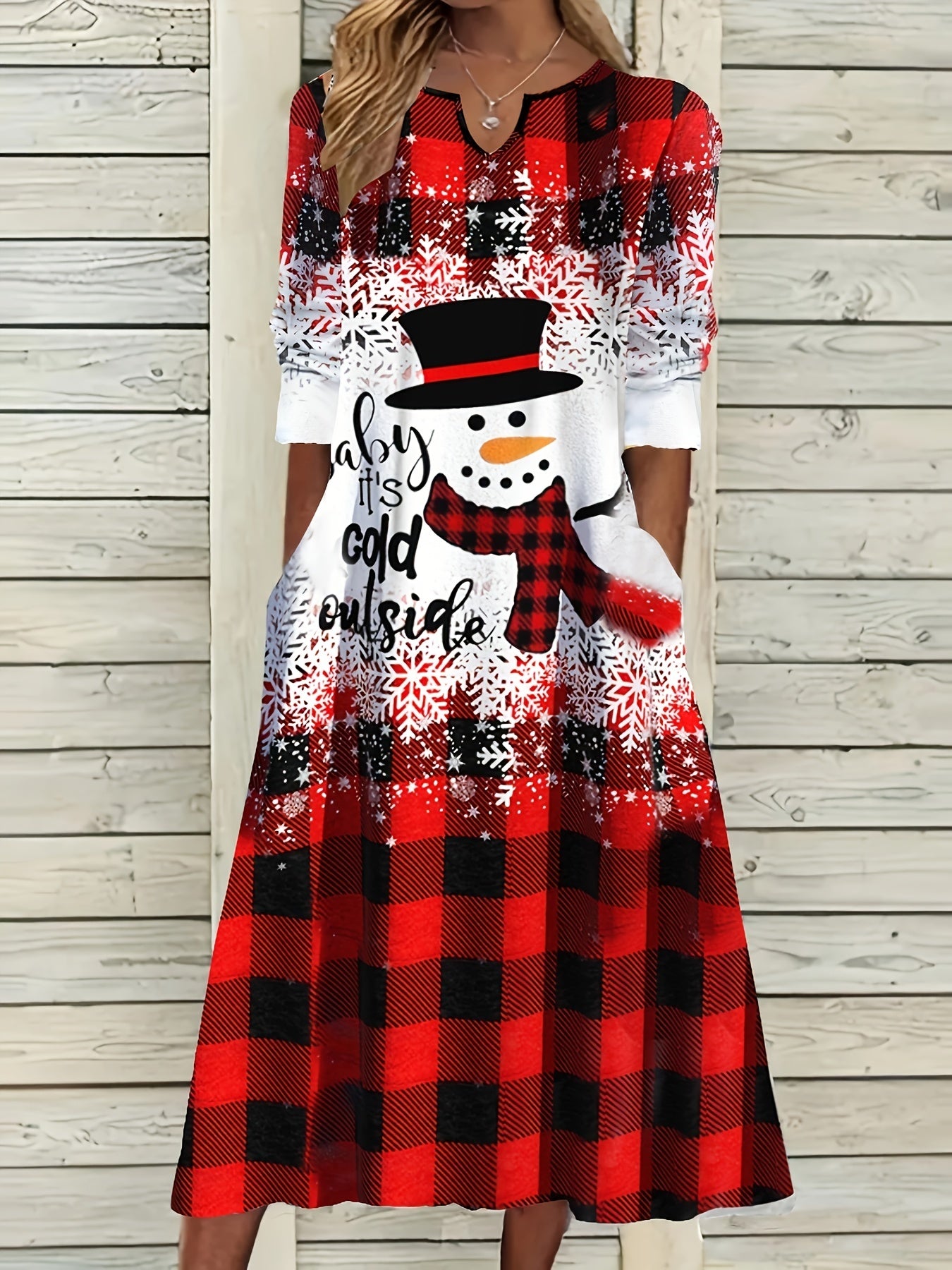 Women's Plus Snowman & Slogan Print Three Quarter Sleeve Knee Length Dress