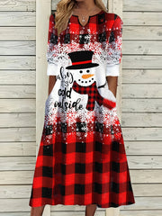 Women's Plus Snowman & Slogan Print Three Quarter Sleeve Knee Length Dress