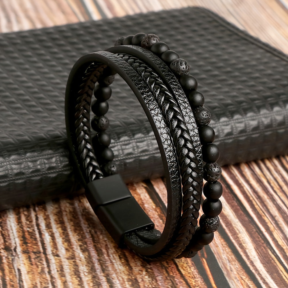 Layered Braided Leather Bracelet Tiger Eyestone Beaded Punk Accessory
