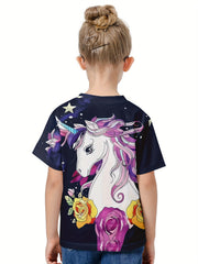 Girls 3D Unicorn Short Sleeve T-shirt - Summer Clothes Gift