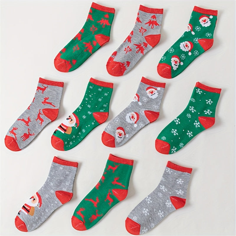 10 Pairs Cartoon Print Socks Comfy & Christmas Mid Tube Socks Women's Stockings