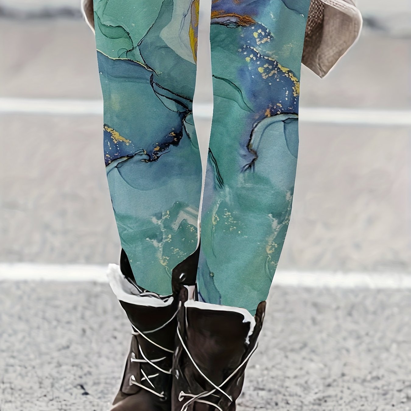  Boho Leggings Women's Plus Marble Print Elastic High Rise Leggings