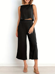 Casual Solid Two piece Set Sleeveless Top & Wide Leg Pants Outfits