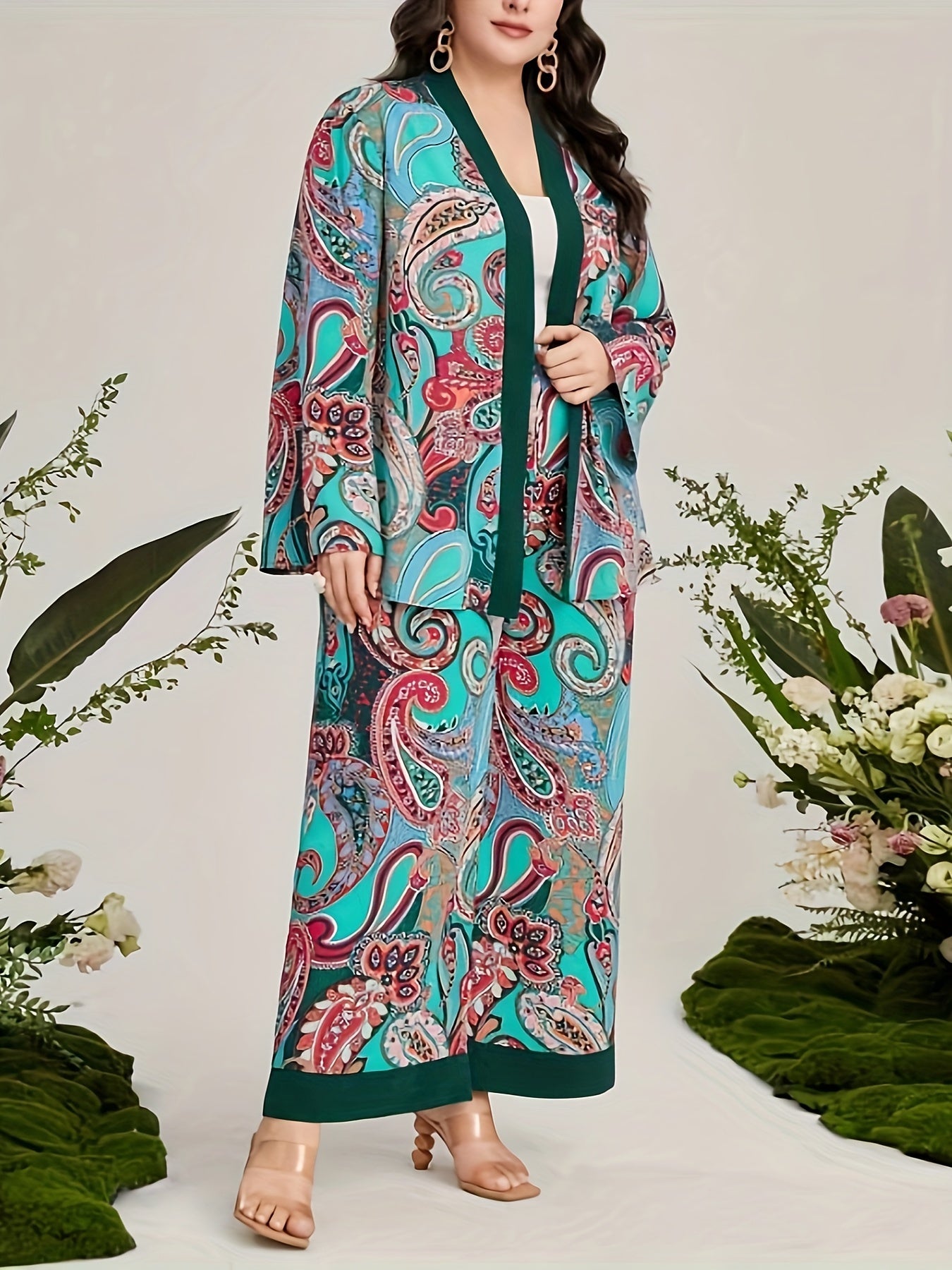 Women's Plus Paisley Print Long Sleeve Cardigan & Wide Leg Pants 2 Piece Set