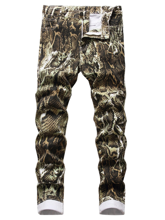 Men's Slim Snakeskin Print Cotton Jeans
