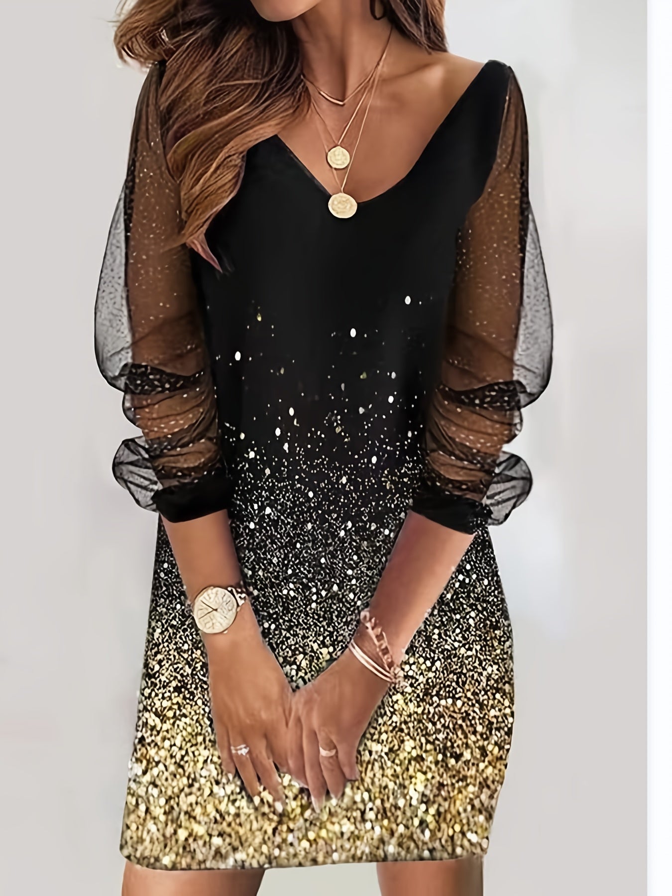  Contrast Mesh Sequin Long Sleeve V-Neck Dress
