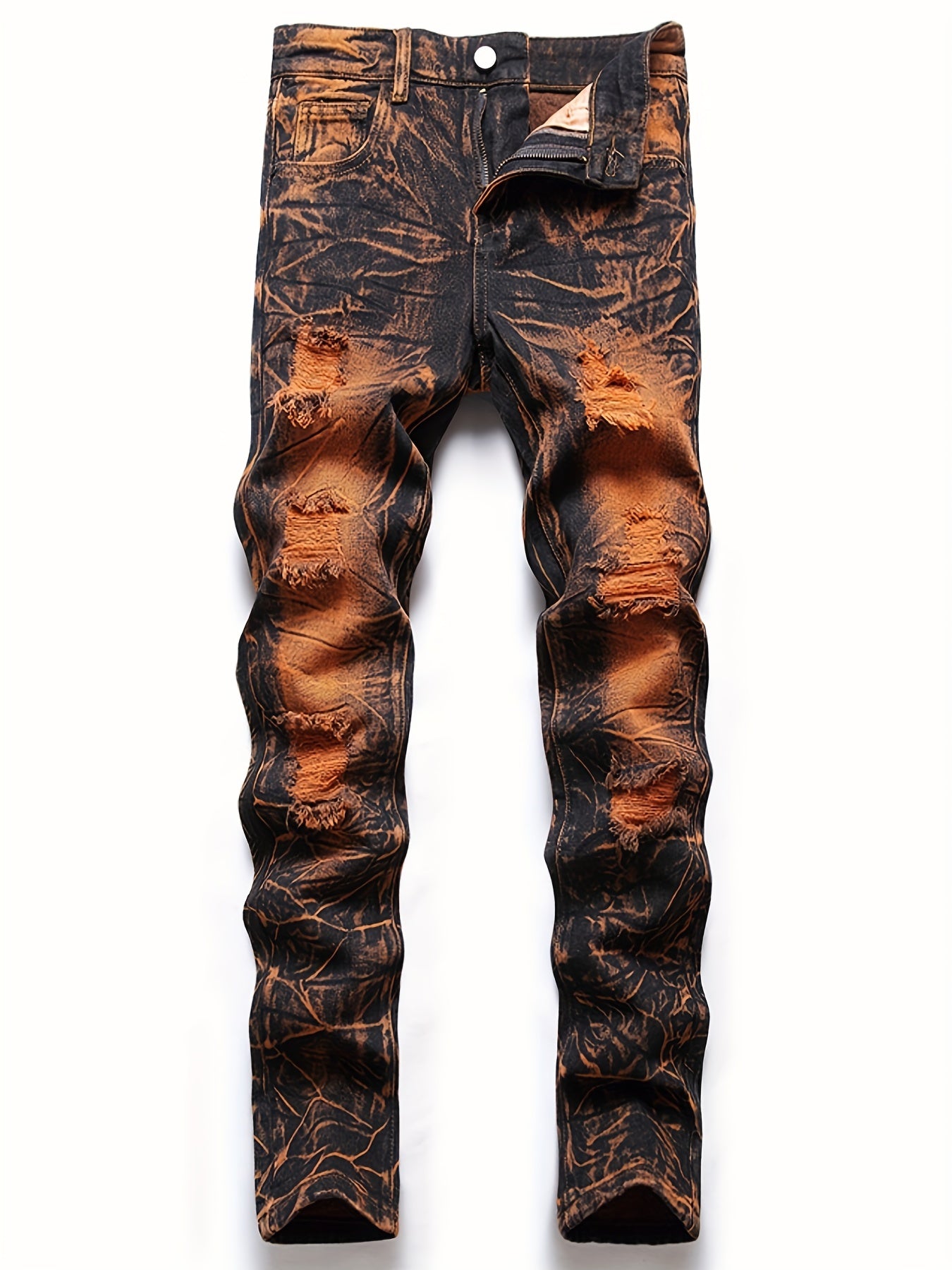Vintage Tie Dye Slim Fit Ripped Jeans Men's Street Style Denim Pant