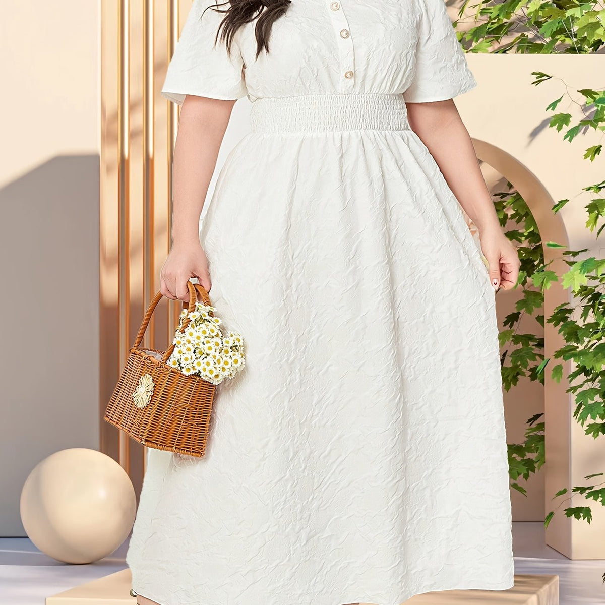  Solid Textured Button Decor Maxi Dress