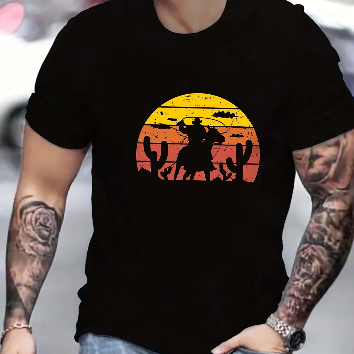 Old West Cowboy Print Men's Graphic Crew Neck Active T shirt Casual Comfy Tees