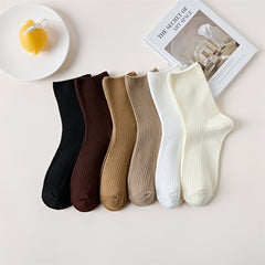 Women's Solid Ribbed Crew Socks Soft & Comfy Mid Tube Stockings