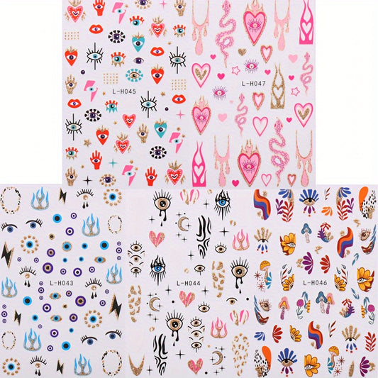 Heart Pattern Nail Stickers Glitter Evil Eye Decals Self Adhesive