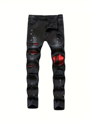 Mens Ripped Jeans Paint Splatter Chain Casual Street Style Denim Pants