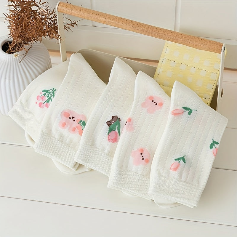 5 Pairs Floral & Bunny Print Women's Stockings
