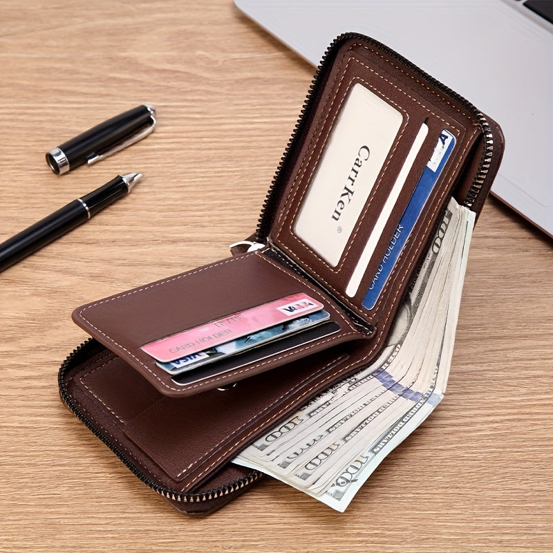 Men's Leather Zipper Wallet Bifold Card Holder Wallet