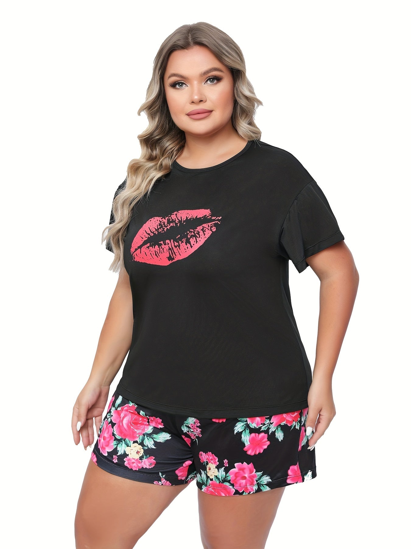  Kiss & Floral Print Tee & Shorts Pajama Set