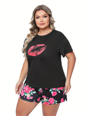 Kiss & Floral Print Tee & Shorts Pajama Set