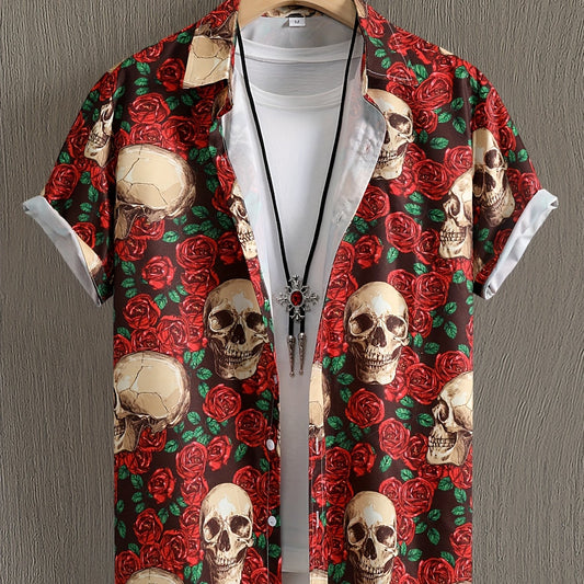 Skull & Rose Print Men's Casual Short Sleeve Shirt