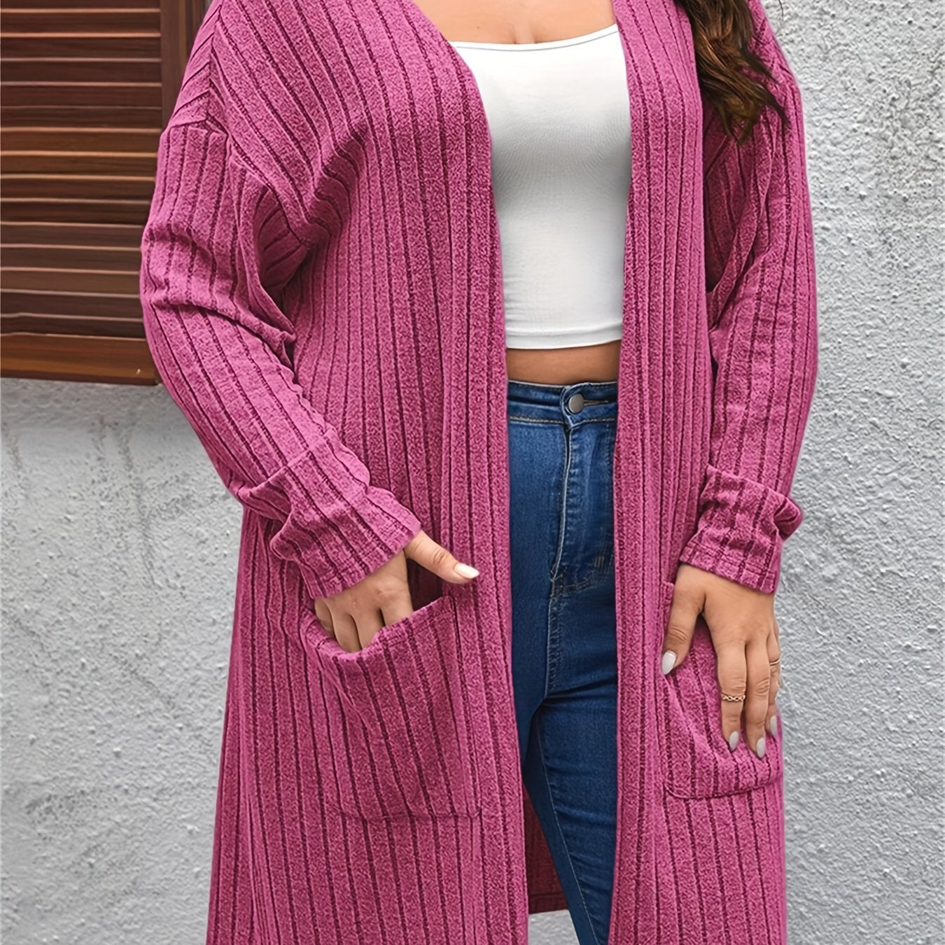 Open Front Ribbed Knit Cardigan with Pockets