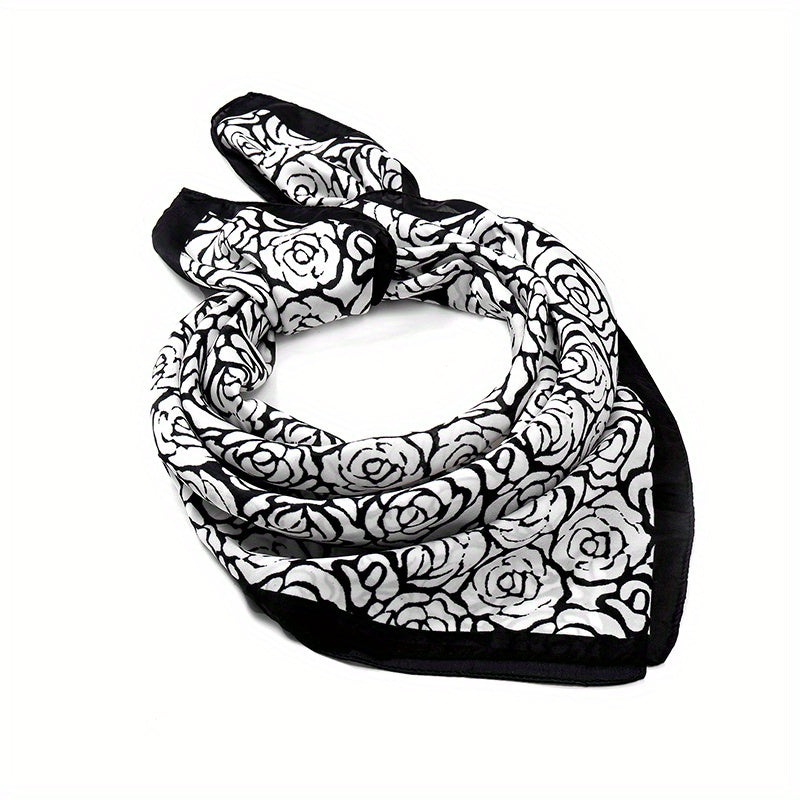 Rose Print Bandana Square Scarf Satin Neckerchief Hair Accessories