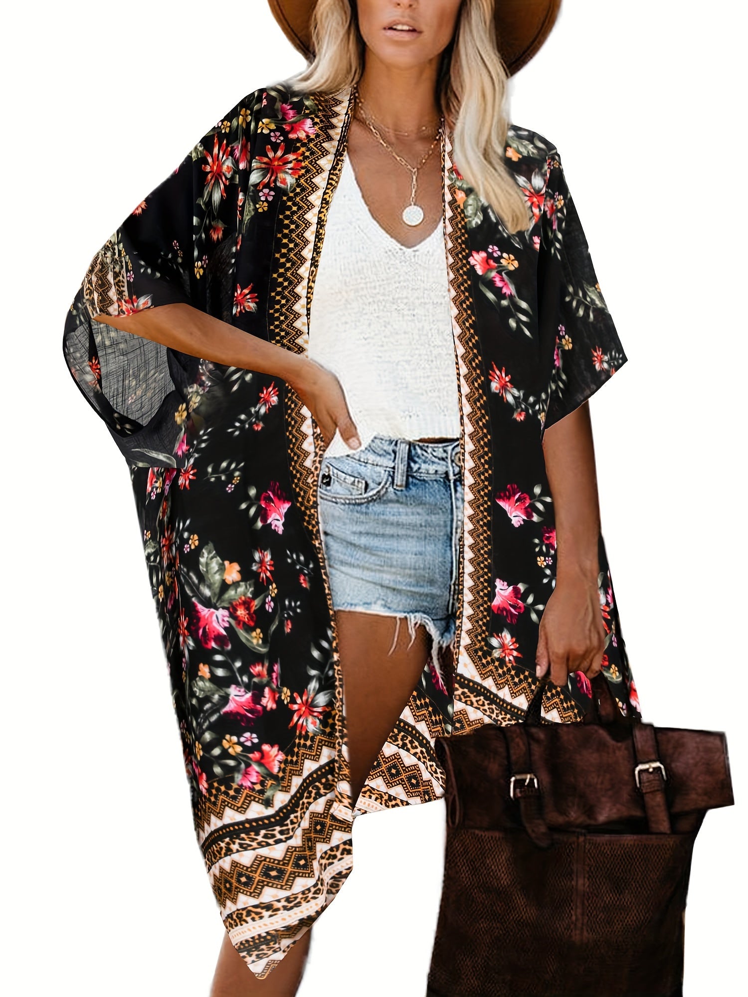  Border Floral Print Batwing Sleeve Beach Cover Up