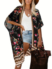  Border Floral Print Batwing Sleeve Beach Cover Up