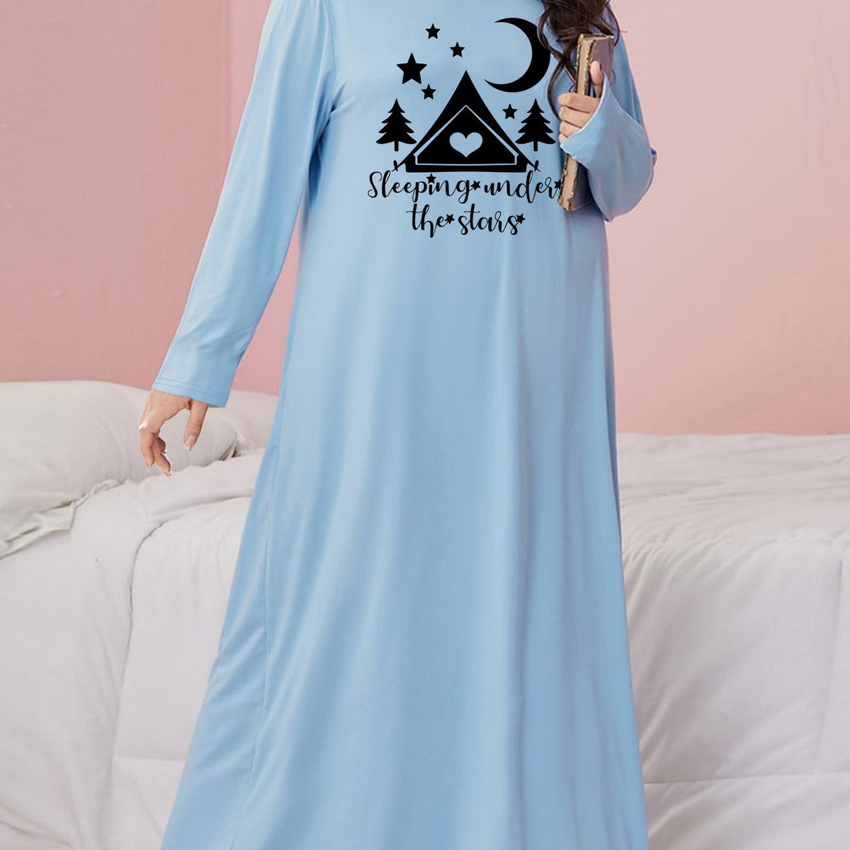  Tree & Moon Print Long Sleeve Nightdress