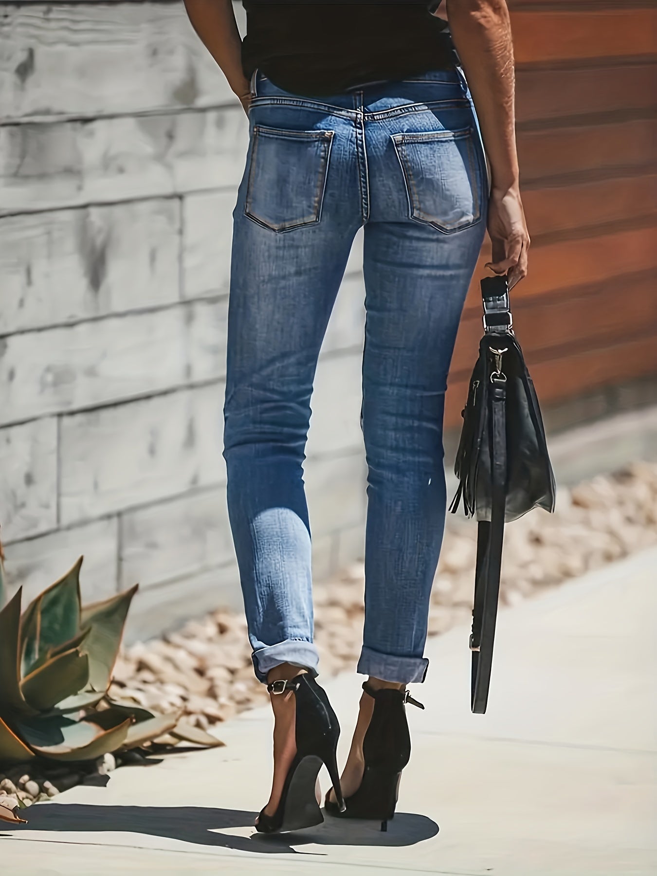 Slim Fit Ripped Denim Jeans Single Breasted High Stretch Casual Pants